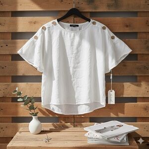 Ellen Tracy White Button-Shoulder Blouse